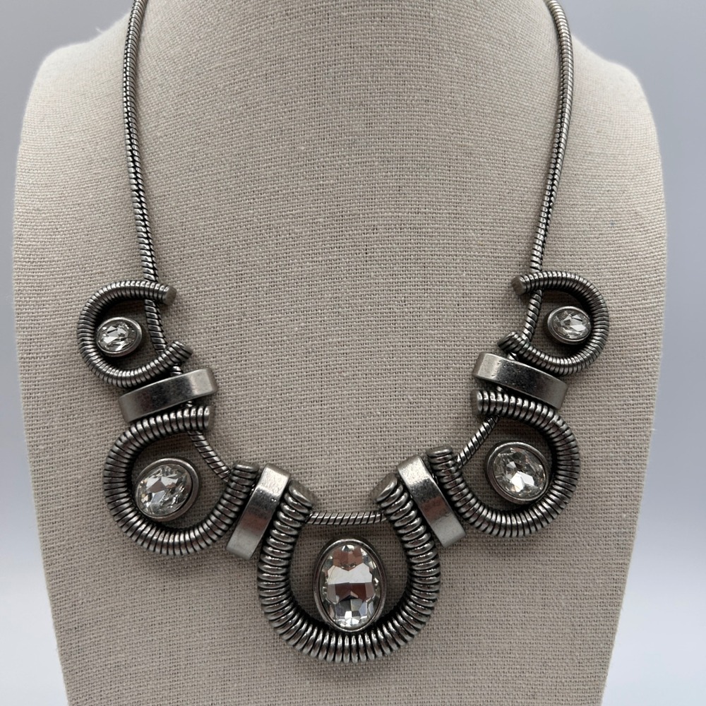 Lia Sophia Coil Statement Necklace Silver Tone Crystal Bib Horseshoe style